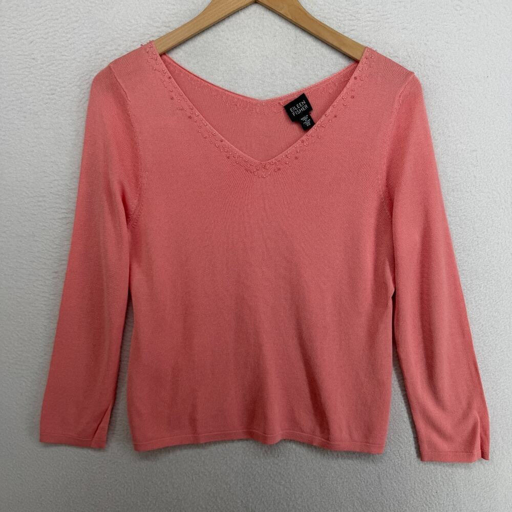 EILEEN FISHER Sweater XS Viscose Blend Knit Beaded V-Neck Pullover Pink VTG